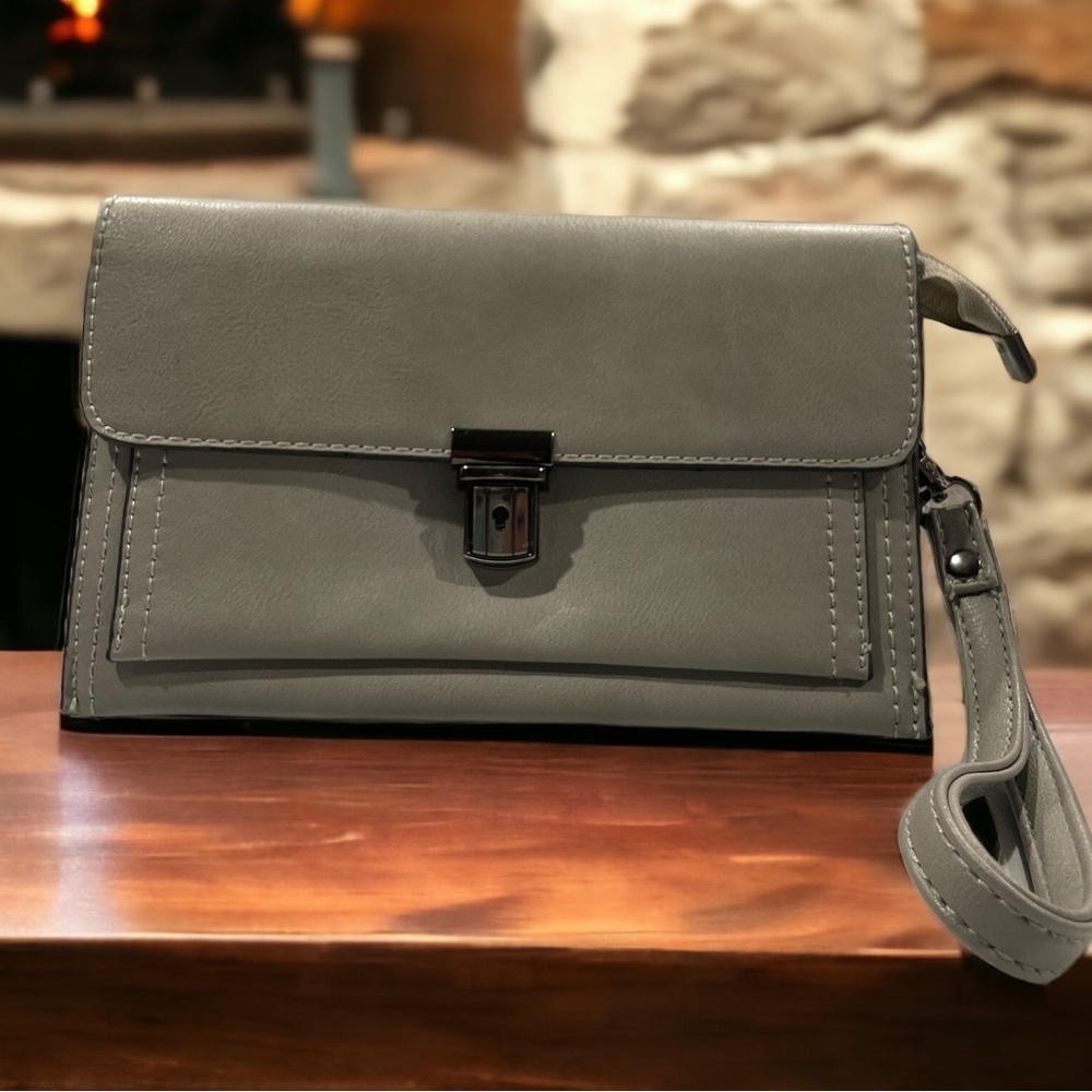 NEW Genuine Leather Small Gray Clutch Purse Metal Locking Tab Zipper Closure